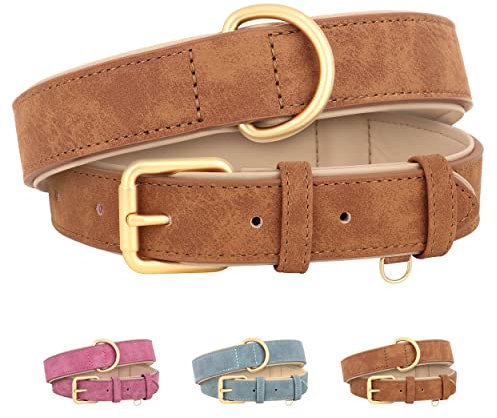 Beirui Weich gepolstertes Leder-Hundehalsband für Hunde,bequem,strapazierfähig,für kleine,mittelgroße und große Hunde,Lederhalsband mit hochwertigen Legierungsbeschlägen für den täglichen,Braun,M
