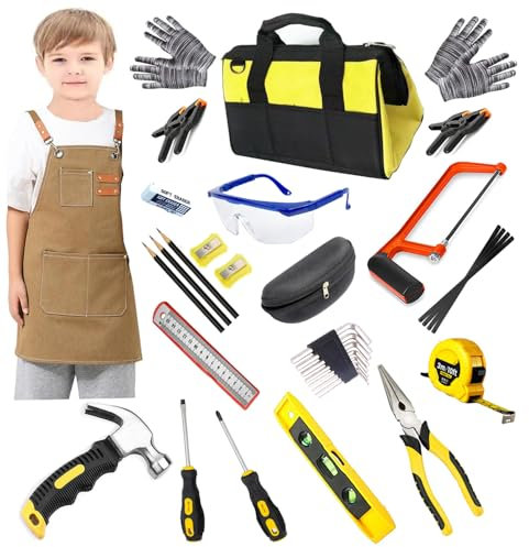 QeeHeng Kinder Werkzeugset, 38 Stück, mit Werkzeugtasche, Schürze, Säge, Lerngeschenk