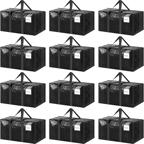 12 Pack Extra Heavy Duty Large Moving Bags with Strong Zipper & Comfortable Handles, Sturdy & Durable Clothes Storage Bags Totes Bins, Packing Moving Boxes for College Supplies, Black