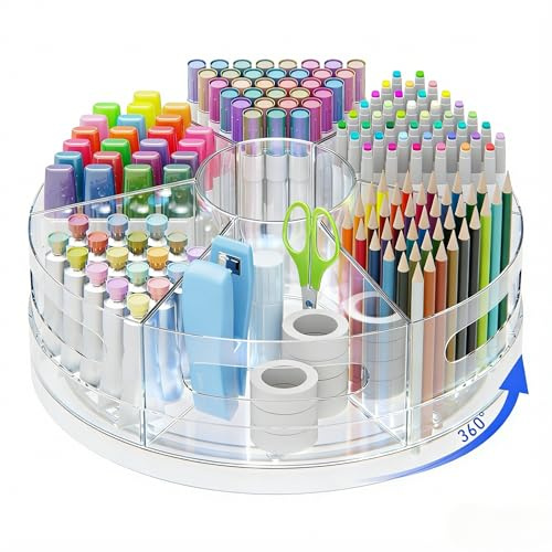 CraftGenes Rotating Pen Holder for Desk, 360° Clear Acrylic Desk Organiser with 7 Compartments, Large Stationery Organiser & Pen Pot, Desktop Storage Caddy for Kids Art Supplies, Markers, Office