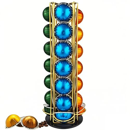Wrobic Coffee Capsule Holder for Nespresso Vertuo Vertuoline Pods, 28 Pods Rotating Coffee Pod Storage Rack Stand, Gold