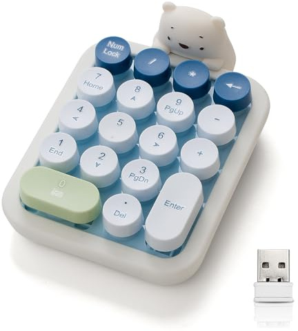 Lomiluskr Wireless Number Keypad with Cute Silicone Bear, 18 Colorful Round Keys Numpad, 2.4G USB Wireless Connection, Portable Financial Accounting Numeric Keyboard, Suitable for PC, Laptop (Blue)