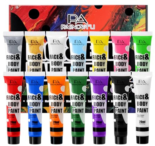 PASNOWFU 14 Colors Face Body Painting Kit, Full Coverage Water Based Face Paint Set for Cosplay Skull Joker Zombie Vampire, Highly Pigmented Body Paint Cream for Adult Carnival Halloween SFX Makeup