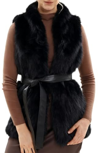 Amazhiyu Damenweste aus Kunstfell, warme Weste mit Tasche und Gürtel, ärmellos, Rundhalsausschnitt, lange Strickjacke für Winter/Herbst, Schwarz , S