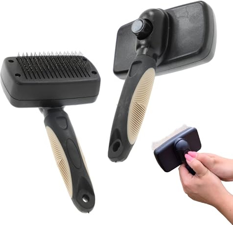 Rosewood Brosse Carde Auto Nettoyante pour Chien Taille S, brosse pour poils mi longs à longs, avec picots en acier inoxydable, bouton poussoir et poignée antidérapante