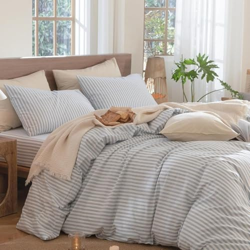 Lanqinglv Bettwäsche 135x200 Baumwolle Gestreift Blau Weiß,100% Renforce Baumwolle Bettwäsche Set mit Reißverschluss,ÖKO-TEX Bettwäsche für Allergiker Geeignet,1 Bettbezug & 1 Kissenbezug 80x80 cm