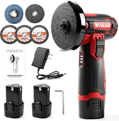 Rivlox Cordless Angle Grinder Kit, 3-inch Mini Angle Grinder Tool with 2Pcs 12V 1500mAh Batteries & Charger and 5Pcs Cutting Discs, Handheld Metal Grinders for Cutting Metal Wood