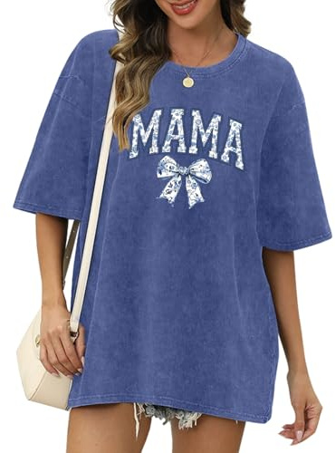Weripoah Breastfeeding Shirts for Women Zipper Nursing Shirt Cute Maternity Tops Mama Bow Tshirt Oversized Acid Wash T Shirts(Blue,M)