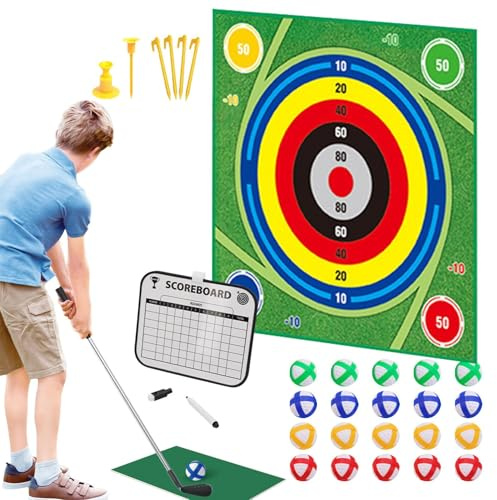 Inomhus chip och stick golfset | Bärbar slagbas | Dubbelsidig inomhus golfspelmattssats med 20 bollar | för barn och golfare utomhusträning trädgård
