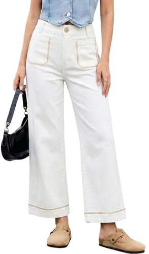 Dokotoo Womens Wide Leg Jeans High Waisted Stretchy Straight Leg Baggy Denim Pants Casual Trendy Ankel Crop Jeans with Pockets White 12