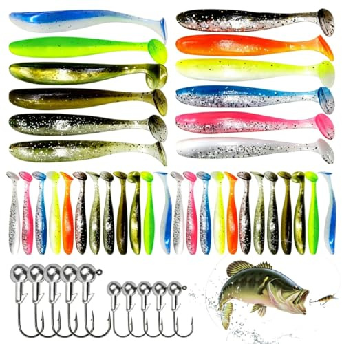 58 st fiskebete, fiskeset, gummifisk, simdrag, fiskekrok, gummifisk med jigghuvud och fisketillbehör, gädda, mjukt plastbetes-set för abborre, gös och öring