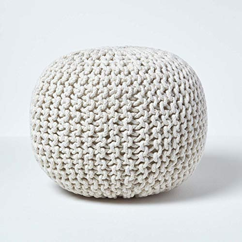 Homescapes Pouf Strickpouf rundes Bodenkissen, Sitzpouf 35 x 40 cm, gepolsterter Sitzhocker, Sitzpuff/Puff mit grob gestricktem Bezug aus 100% Baumwolle, Strickpuff, Natur/naturweiß