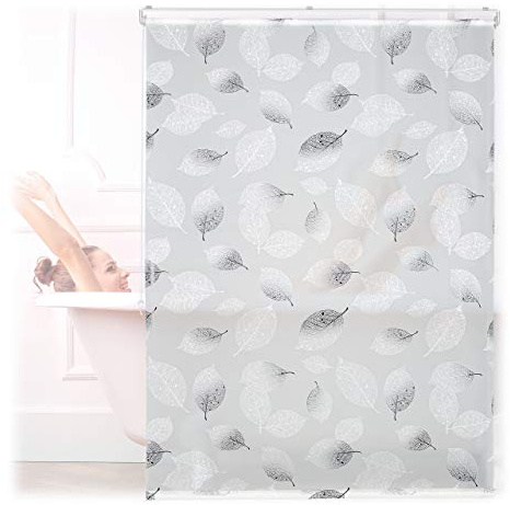 Relaxdays Duschrollo, 120 x 240 cm, Blatt Muster, Seilzug, flexible Montage, Duschvorhang für Badewanne, schwarz-weiß