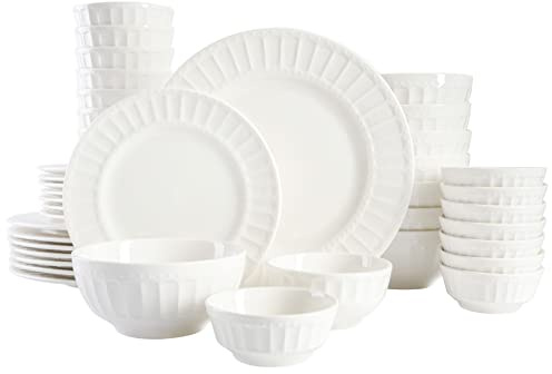 Gibson Home Zen Buffet Porcelain Ceramic Dinnerware Sets for 8, Plates and Bowls Set (40pcs), White Embossed Dishes