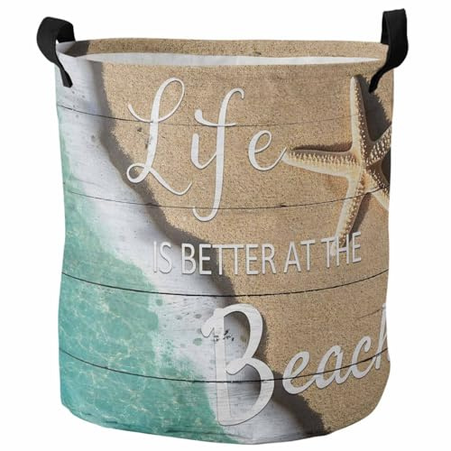 Laundry Basket Summer Coastal Starfish Teal Sea,Waterproof Collapsible Clothes Hamper Life is Better at Beach Seashells Farm Wood Planks,Large Storage Bag for Bedroom Bathroom 16.5x17In