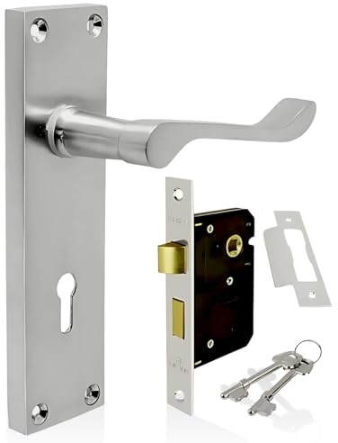 HANDLESTORE Victorian Scroll Locking Lever Door Handle on Backplate – Satin Chrome Interior Handles with 2.5 Mortice Sash Lock & Screws (Pair)