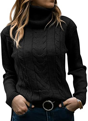 GeGekoko Pull à col roulé en Tricot torsadé à Manches Longues pour Femme, Noir, S