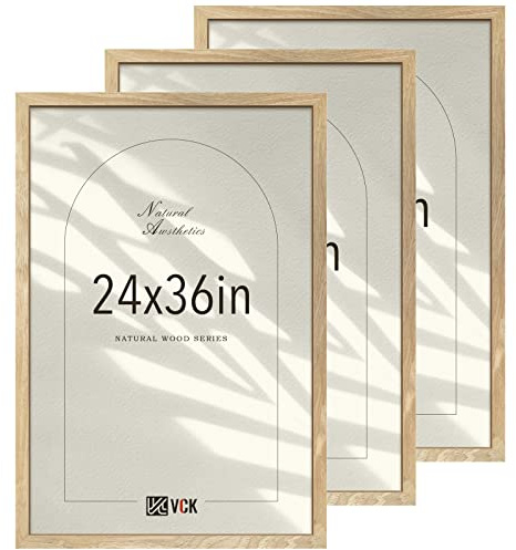 VCK 24x36 Poster Frame Natural Solid Wood 3 Pack, Exclusive Wood Grain Wall Hanging Picture Frame for Home Decoration