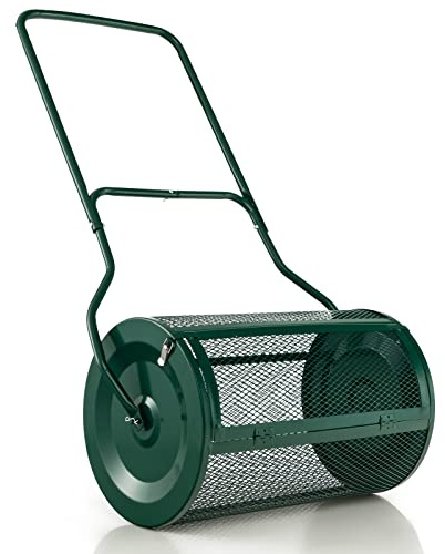 Goplus 24 Compost Spreader, Peat Moss Spreader w/Upgrade U-Shaped Handle, Side Latches, Heavy Duty Metal Mesh Lawn Roller for Topdressing & Seedling, Garden & Lawn Yard Care Manure Spreader, Green