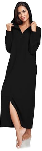 COLORFULLEAF Damen Reißverschluss Bademantel Langarm Kapuze Fleece Bademantel Weich Warm Hausmantel Loungewear mit Taschen(Schwarz,XL)