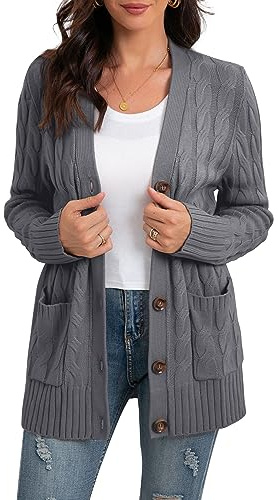 GRECERELLE Damen Strickjacke Strick Cardigan Lange Elegant Strickjacken mit Taschen mit Knöpfen Strickwaren Übergroße Pullover Strickmantel für Herbst Winter Frühling (Dunkelgrau, L)