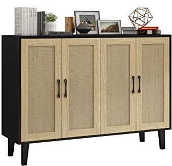 Panana Sideboard mit Rattangeflecht 4 Türen Sideboard TV-Schrank Schubladenkommode Holz Mehrzweckschrank für Flur Schlafzimmer Wohnzimmer Esszimmer (Schwarz)