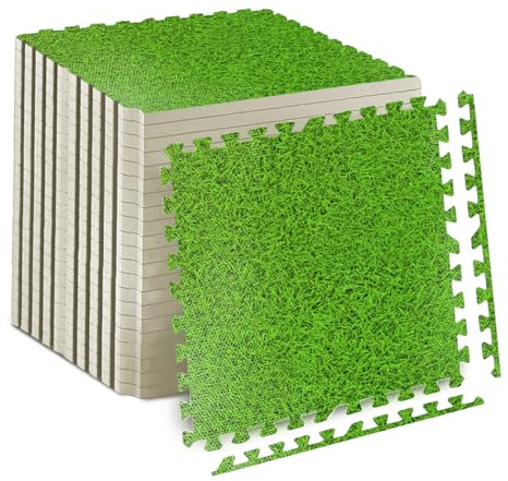 Fk Sports Thick Mat Cross 600x600x12mm (Grass, 48pcs (192 sq.ft) Soft Cushion Non-Skid Gym Flooring mats EVA Rubber Foam, Interlocking Puzzle Floor Tiles Kids Toddlers for Home Yoga Workout