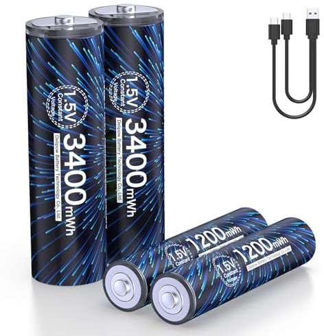 MXBatt USB C Litio Pilas Recargables AA 3400mWh 2 Pieces, Pilas AAA Recargables 1200mWh 2 Pieces con Cable Puerto USB C 1500 Ciclos