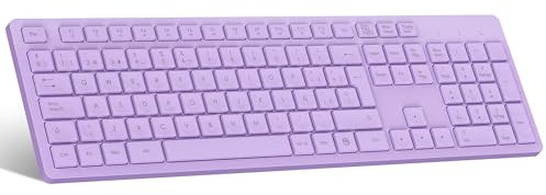 LeadsaiL Teclado Inalámbrico QWERTY Español Teclado USB Ergonómico de Tamaño Completo, Teclado Numérico Teclas, 12 Accesos Directos Multimedia para Windows Mac PC Ordenador Portátil-Violeta