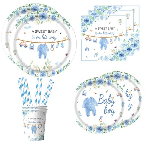 ASSUGO Babyparty deko Junge partygeschirr Set,60 stüke its a Boy deko pappgeschirr Set, Enthält servietten babyparty pappteller blau,Beche,Strohhalme,für Jahrestag, Babyparty,Kindertaufen