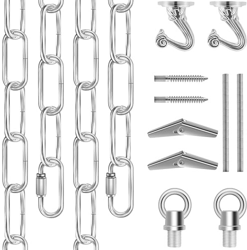 Omytie 12 Ft Heavy Duty Hanging Chain Kit with Connection Locks & Swag Ceiling Hooks for Lighting Fixture, Chandelier, Pendant, Lantern, Swag Lamp, Plant/Flower/Fruit Basket, Bird Feeder (Chrome)