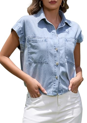 Hersuitful Women's Denim Shirt Casual Short Sleeve Button Down Chambray Blouse Summer Cropped Jean Shirt Tops Lightblue M