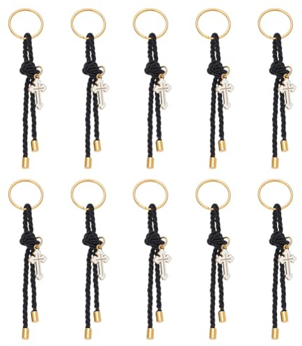 FINGERINSPIRE 10Pcs Porte Clés en Corde de Polyester Avec Croix Porte Clés Fait Main de 115mm Avec Pendentif en Alliage Émaillé en Forme de Croix et Anneaux en Métal Cadeaux Personnalisés pour Invités