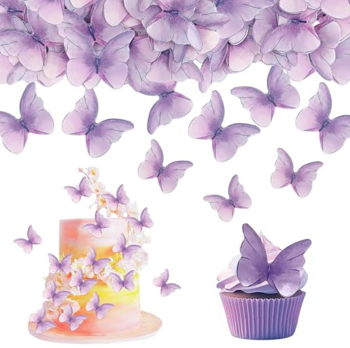 48 pezzi di decorazione per torta a forma di farfalla, a forma di farfalla commestibile, decorazione per cupcake, di compleanno per baby shower, Viola