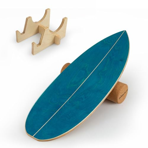 COSTWAY Surfin balansbräda av björkträ, vingla med korrulle och hållare, balanstränare upp till 150 kg, surfbräda inomhus, balanceboard för barn, vuxna (marinblå)