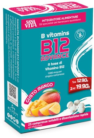 Sanavita B Vitamins B12 Advance 1000 mcg – 25 Compresse Solubili Gusto Mango – Integratore Alimentare con Vitamina B12 ad Alta Concentrazione – Supporto Metabolismo Energetico e Sistema Immunitario