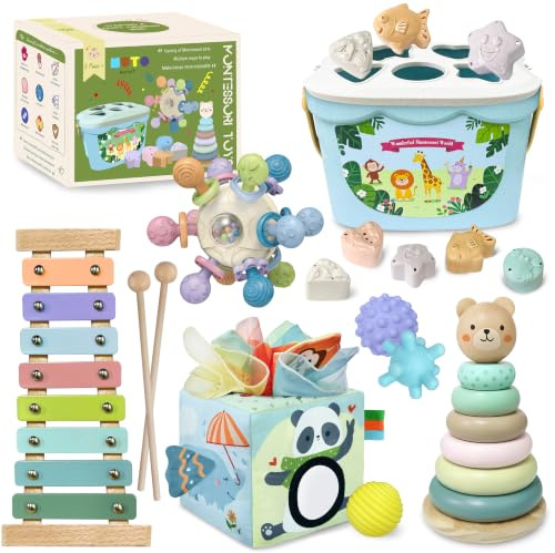 MutoToy® Montessori Jouet Bebe 6 Mois à 1 an, 6 en 1 Montessori Jeux d'eveil Bebe 6 9 12 Mois avec Xylophone en Bois, Trieur de Formes, Tour empilable en Bois, Boîte à Mouchoirs, Balles Sensorielles