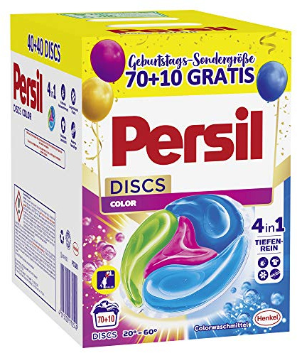 Persil 4 en 1 DISCS COLOR Lessive colorée, 70 + 10 (1 x 80) Lavages pour enlever les taches, la luminosité, la fraîcheur, les fibres et le linge pur hygiénique