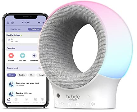 Hubble Eclipse intelligenter Baby-Audio-Monitor mit Nachtlicht in 7 Farben, Lautsprecher mit beruhigender Musik und Schlaftracks, Raumtemperatursensor und Schlaftrainer mit Wi-Fi-Verbindung