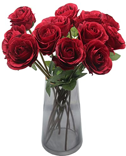 Hananona Rosas Artificiales para arreglo Floral, 12 Piezas de Ramo de Rosas Rojas de Seda para decoración del hogar, Rosas sintéticas para Fiestas del día de San Valentín y decoración de Bodas (Rojo,