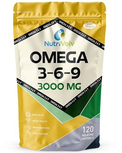 Nutrivolv Omega 3-6-9 | 3000mg Triple Strength | Fish Oil & Flaxseed Oil Blend | High EPA & DHA | Heart Health, Brain Function & Eye Health | Essential Fatty Acids - 120 Gelatine Softgels
