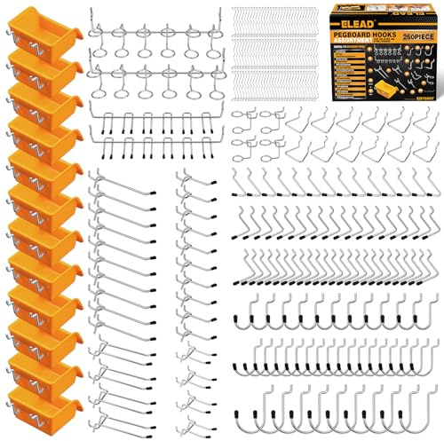 ELEAD Kit de 260 crochets pour panneau perforé, accessoires de rangement pour panneau perforé, accessoires pour organiser divers outils dans le garage, la cuisine, la salle de bain et l’atelier