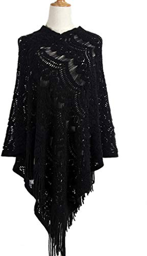 haiaxx Femmes Évider Crochet Pull Cape Pull en Tricot Châle Écharpe Gland Poncho Châle Noir