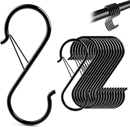 GAOHUI 12 Stück S haken, S Haken Edelstahl mit Sicherheitsschnalle, 9cm S Haken Edelstahl, Anti-Drop Aufhängehaken, für Utensilien und Schrankstange, Schwarz