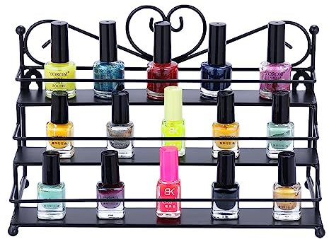 LADOKEE Nagellack Aufbewahrung mit 3 Metallablagen Nail Polish Organizer Nagellack Regal Display Ständer für Nagellack Lippenstift Spielzeug Parfüm Organizer (schwarz)