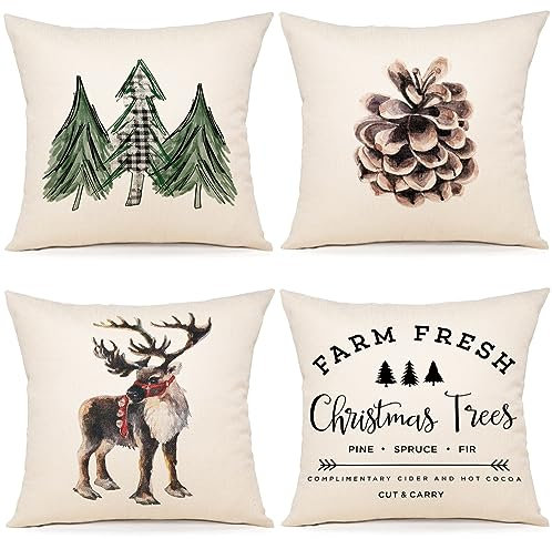 ZWJD Kissenbezug Weihnachten 40x40 4er Set Kissenbezüge Dekokissen Leinen Kissenhüllen für Deko Weihnachten Sofa Schlafzimmer Couch Kissenbezug 40x40 cm