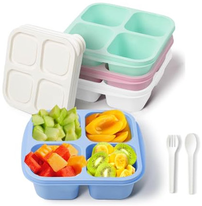 MEEYUU Paquete de 4 Recipientes para Aperitivos con 4 Compartimentos, Caja Bento Reutilizable para Preparación de Comidas, para Niños y Adultos