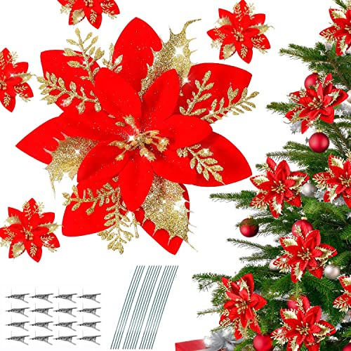20 stycken julstjärnor, blommor, julblommor, konstgjorda blommor, dekoration, julglitter Poinsettia, julgransdekoration, julblommor dekor ornament, för bröllop nyår,15 cm, röd