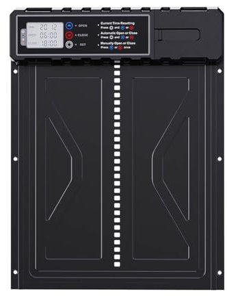 Aka & Lou elektrische Hühnerstalltür mit Zeitschaltuhr und manuell programmierbarem LCD-Bildschirm. Automatische Hühnerklappe mit Batteriebetrieb, groß, robust.