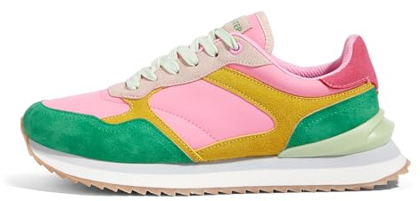 LUCKY STEP Women's Platform Fashion Sneakers Suede Colorful Colorblock Stylish Retro Casual Neutral Tennis Running Footwear Walking Shoes(Fuchsia/Green,8 US)